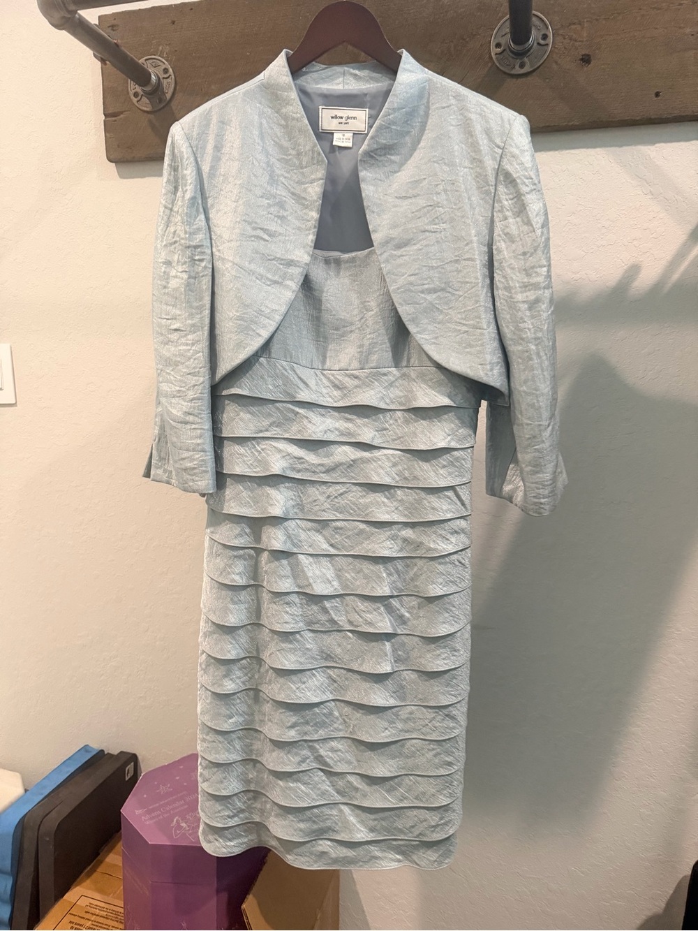 Light Blue Ruffle Tiered Midi Dress with Matching Bolero Jacket